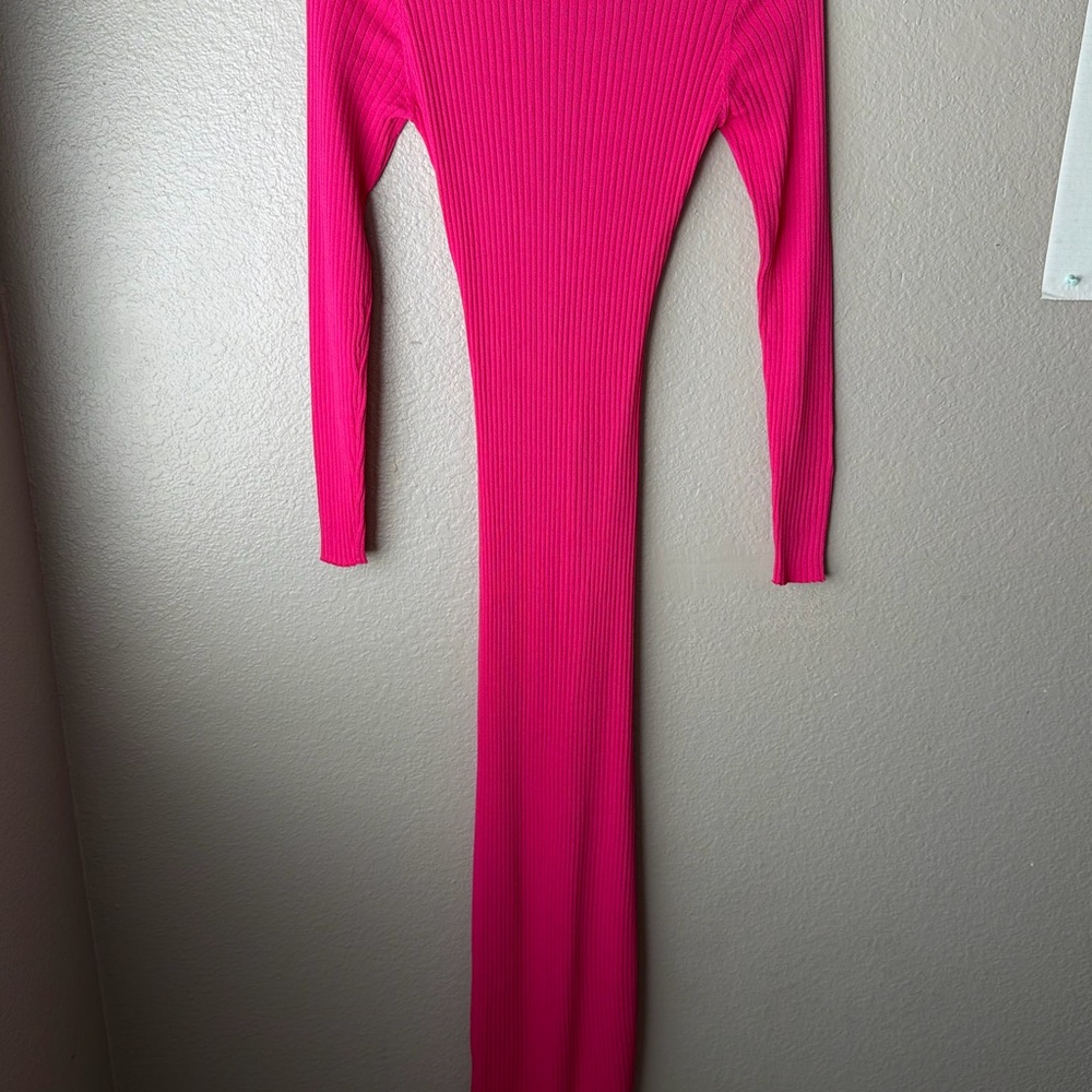 Hot Pink Ribbed Long Sleeve Bodycon Dress